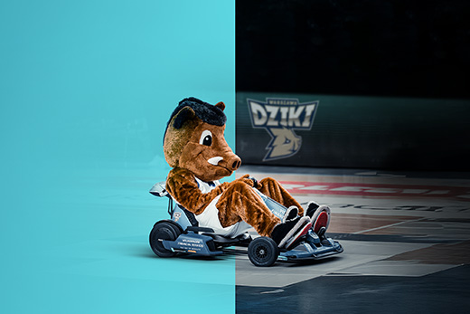 Maskotka drużyny koszykarskiej Dziki Warszawa siedzi w gokarcie z brandingiem VW FS