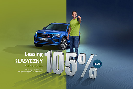 Widoczny jest niebieski samochód marki Volkswagen oraz osoba stojąca obok dużego napisu 105%